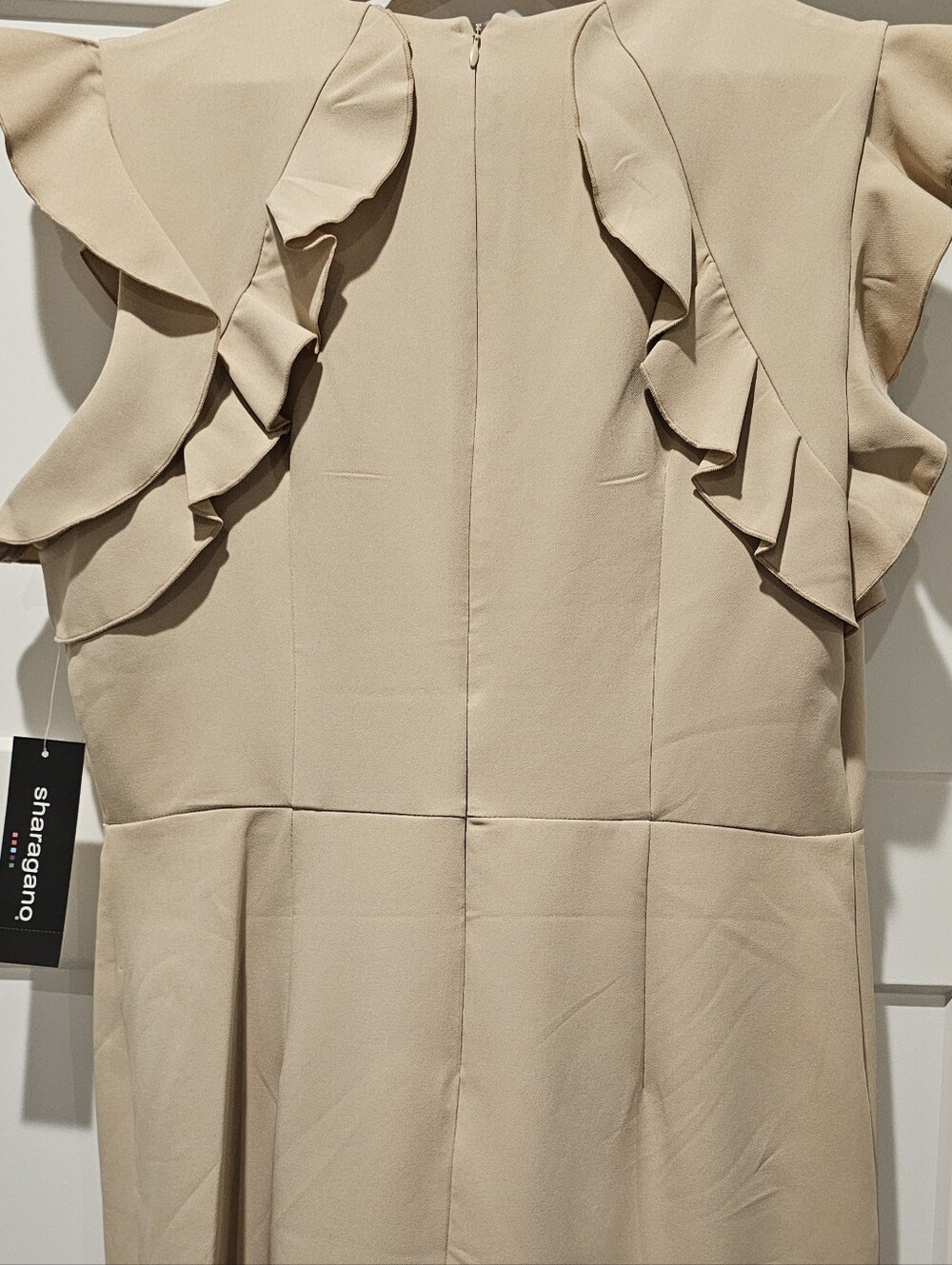 Sharagano Neutral Beige Midi Dress with Ruffle Sleeves